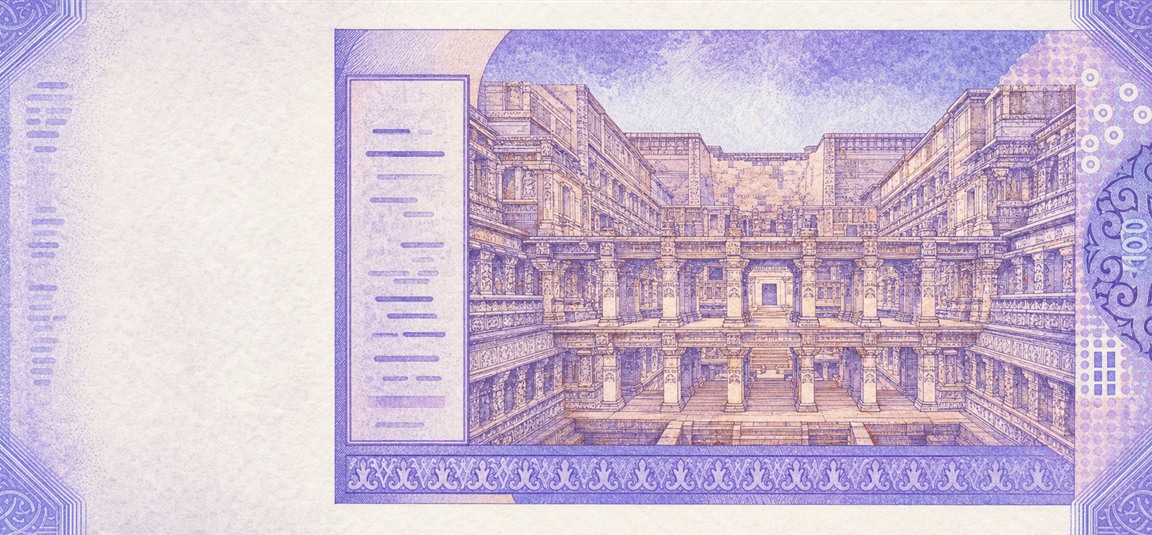 Illustration of a 100 INR banknote (Indian Rupee), featuring Rani ki Vav stepwell.