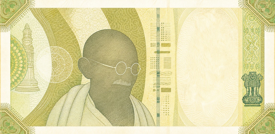 Illustration of a 20 INR banknote (Indian Rupee), featuring Mahatma Gandhi.