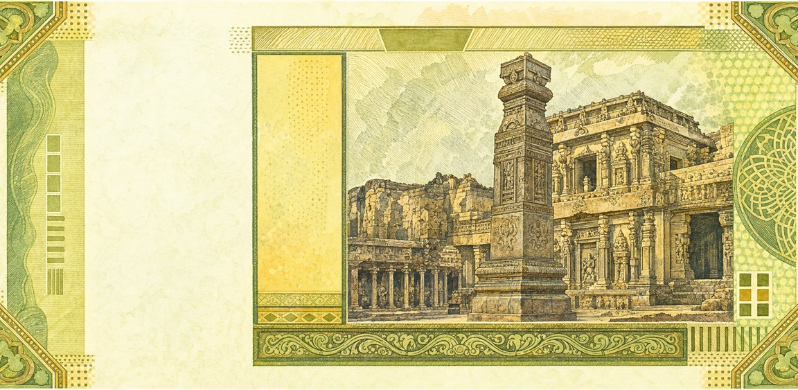 Illustration of a 20 INR banknote (Indian Rupee), featuring Ellora cave temple.