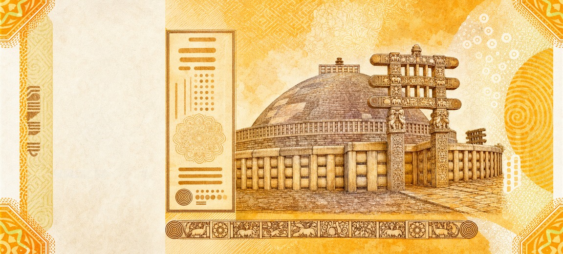 Illustration of a 200 INR banknote (Indian Rupee), featuring Sanchi Great Stupa.