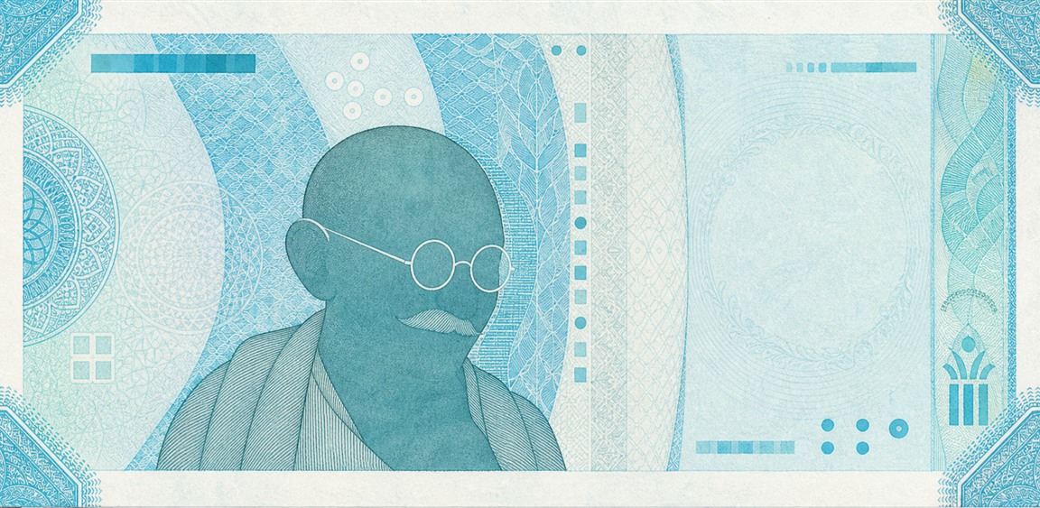 Illustration of a 50 INR banknote (Indian Rupee), featuring Mahatma Gandhi.