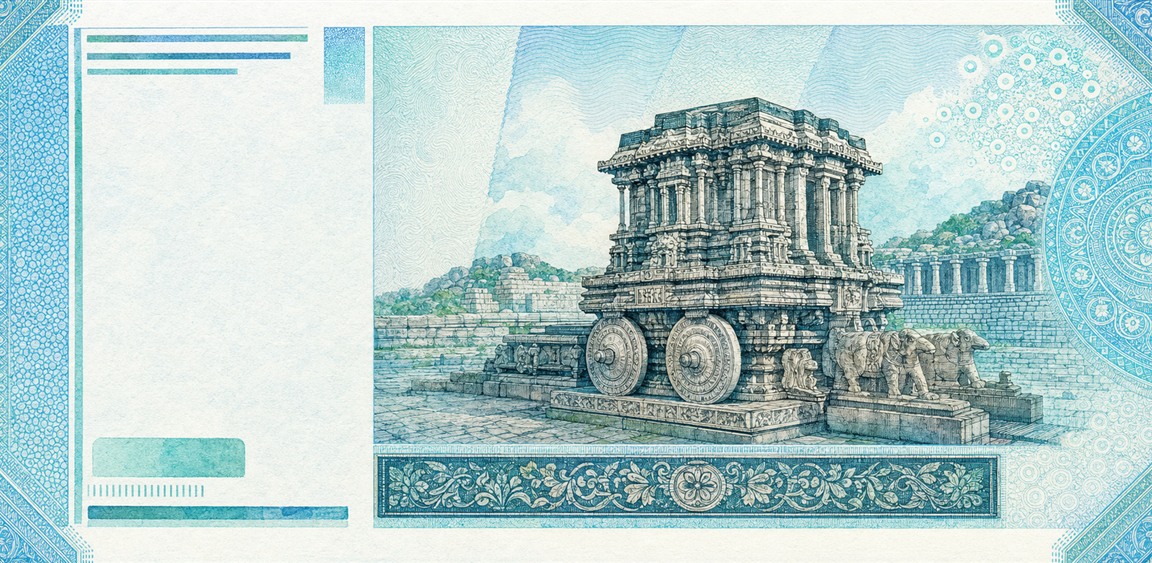 Illustration of a 50 INR banknote (Indian Rupee), featuring Hampi Stone Chariot.