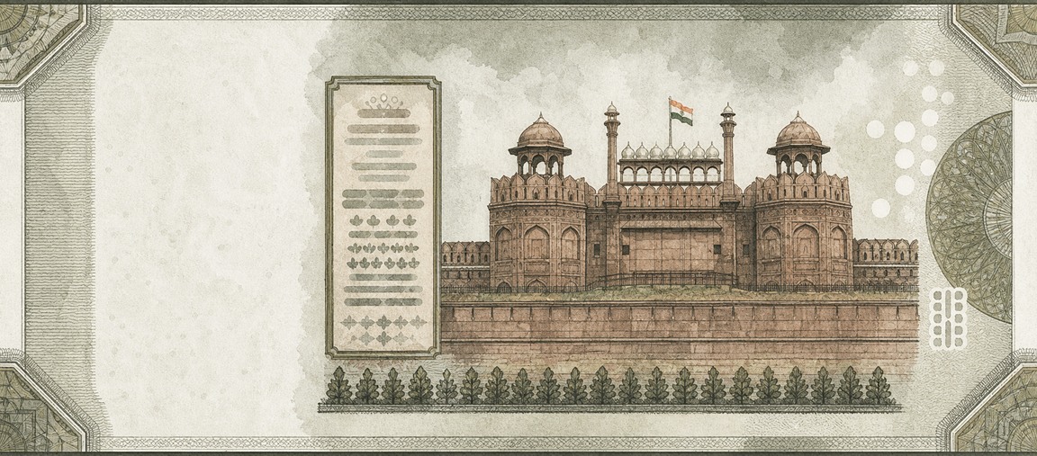 Illustration of a 500 INR banknote (Indian Rupee), featuring Delhi Red Fort.
