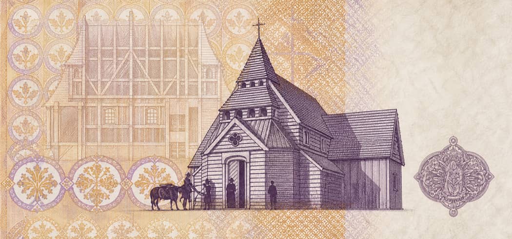 Illustration of a 1,000 ISK banknote (Icelandic Krona), featuring Historic timber church at Skálholt.