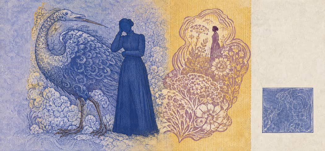 Illustration of a 2,000 ISK banknote (Icelandic Krona), featuring Yearning for Flight and Woman and Flowers.