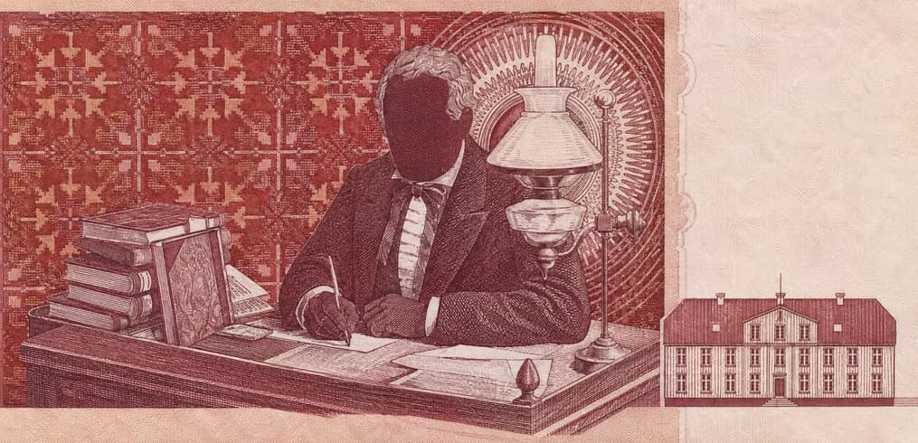 Illustration of a 500 ISK banknote (Icelandic Krona), featuring Jón Sigurðsson writing and Reykjavík Grammar School.