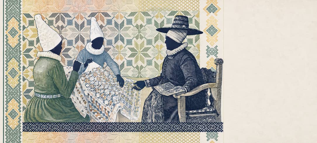 Illustration of a 5,000 ISK banknote (Icelandic Krona), featuring Ragnheiður teaching embroidery.