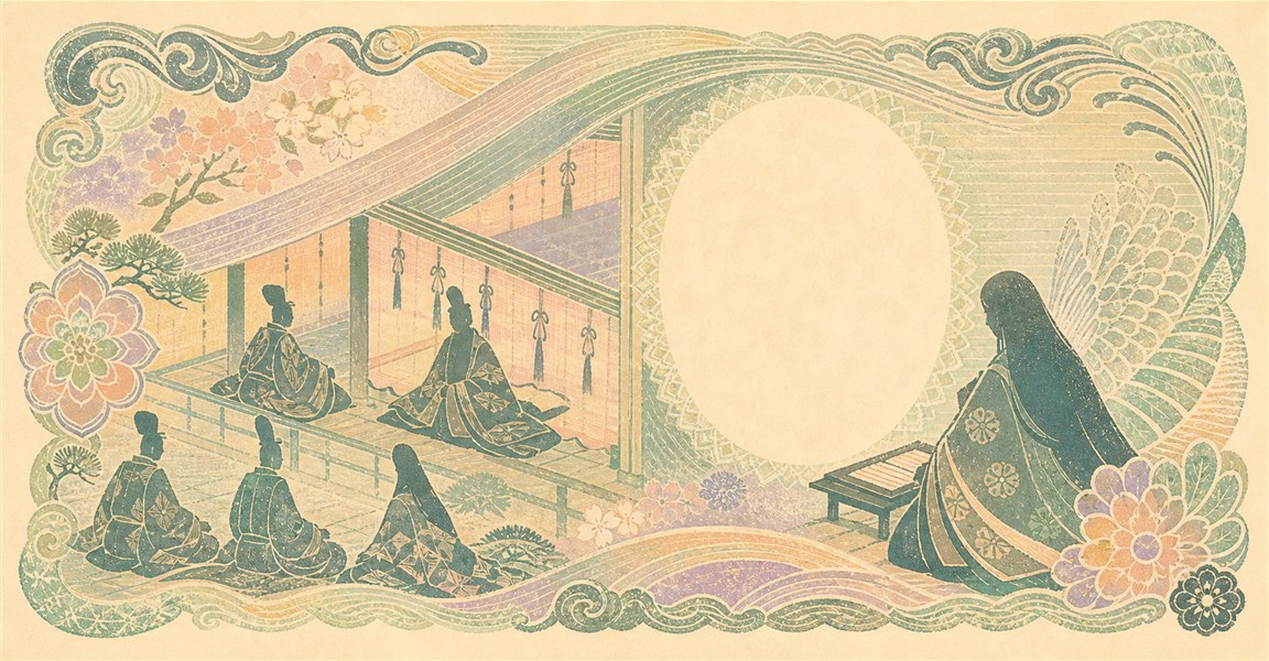 Illustration of a 2,000 JPY banknote (Japanese Yen), featuring Murasaki Shikibu.