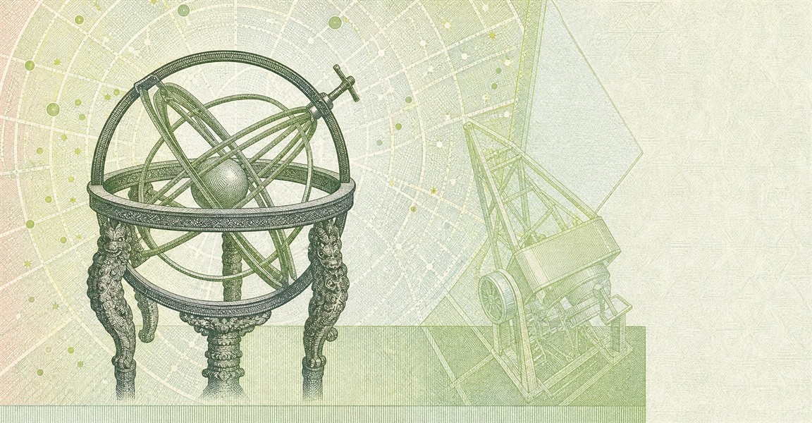 Illustration of a 10,000 KRW banknote (South Korean Won), featuring Honcheonui and observatory.