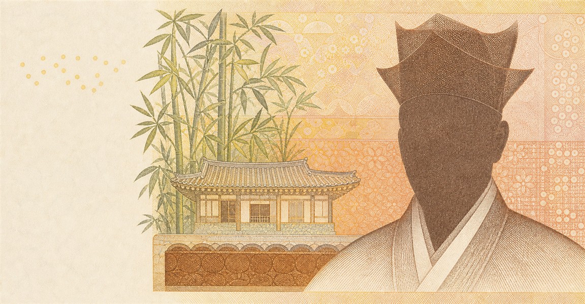 Illustration of a 5,000 KRW banknote (South Korean Won), featuring Yulgok Yi I.