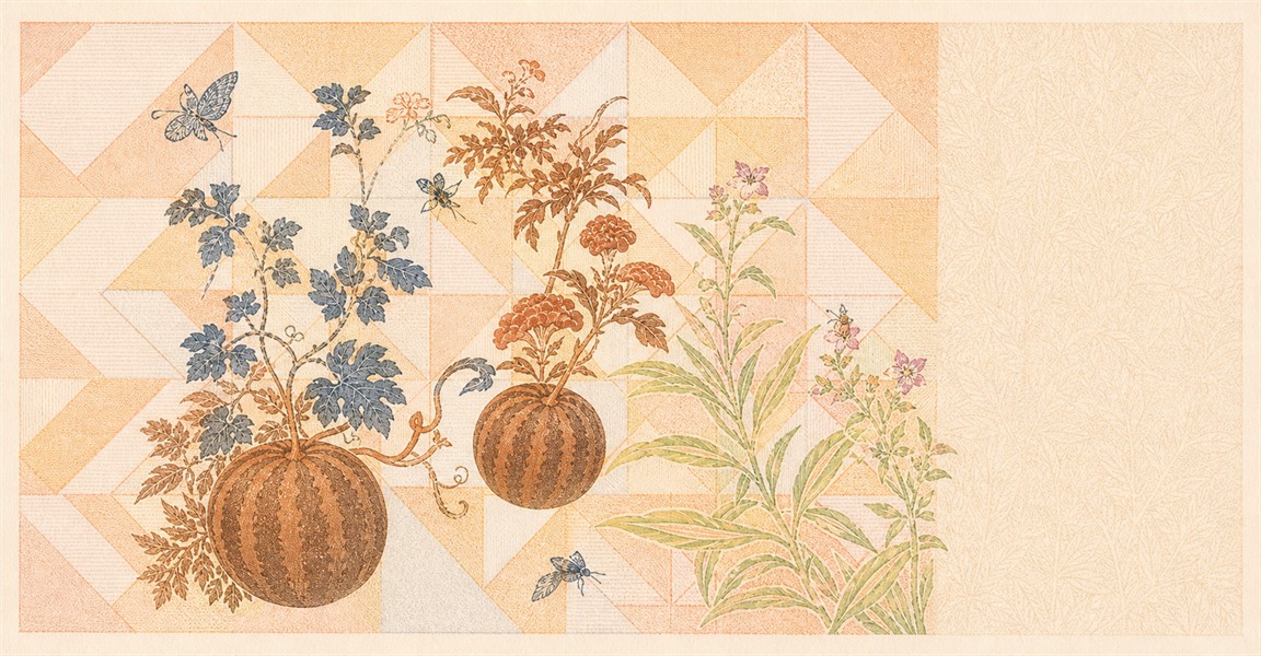 Illustration of a 5,000 KRW banknote (South Korean Won), featuring Watermelons and cockscombs.