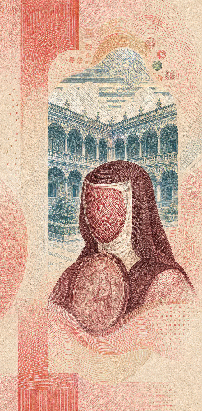 Illustration of a 100 MXN banknote (Mexican Peso), featuring Sor Juana Inés de la Cruz.