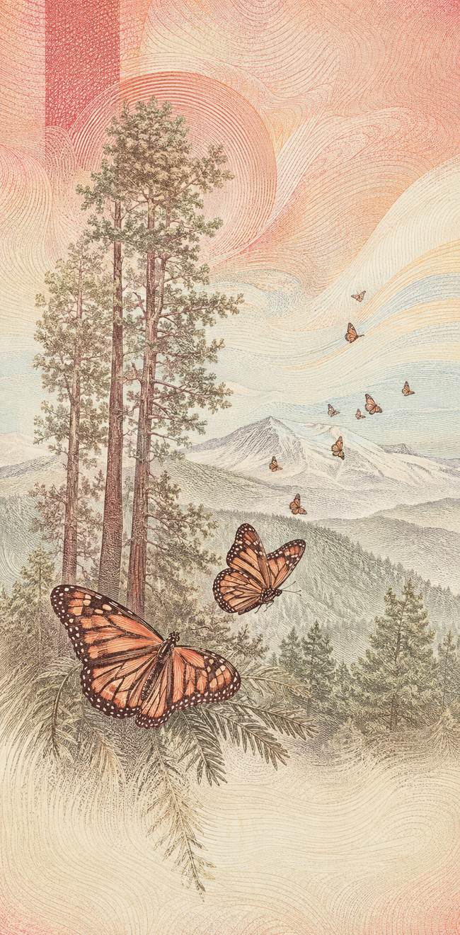 Illustration of a 100 MXN banknote (Mexican Peso), featuring Monarch butterflies.