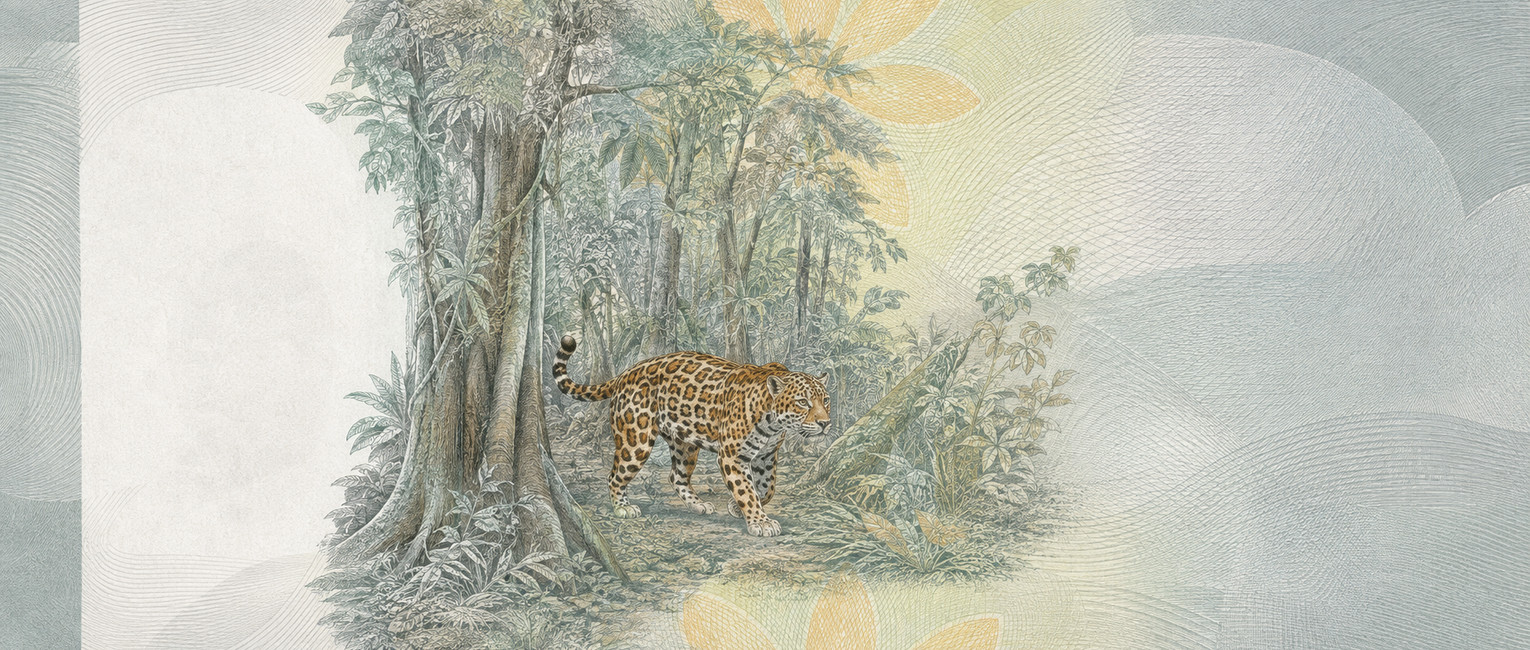 Illustration of a 1,000 MXN banknote (Mexican Peso), featuring Calakmul jaguar.