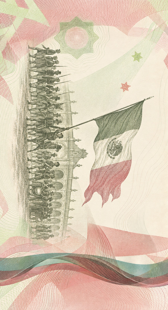 Illustration of a 20 MXN banknote (Mexican Peso), featuring Mexico, 1821.
