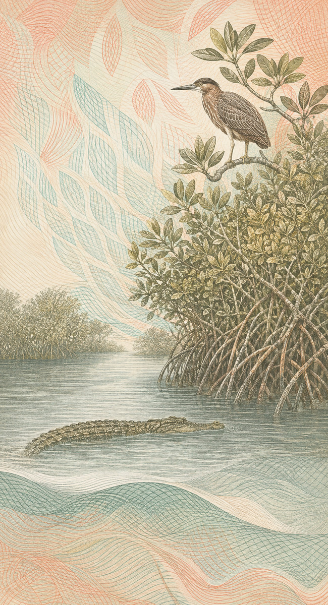 Illustration of a 20 MXN banknote (Mexican Peso), featuring Mangrove crocodile.