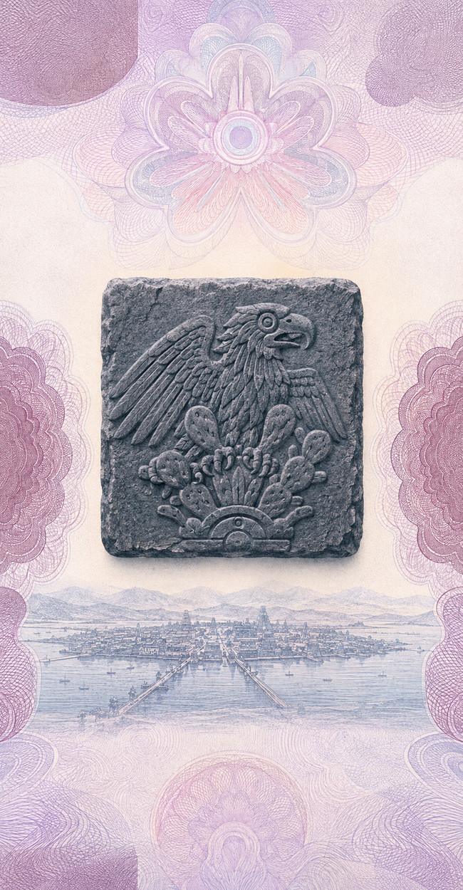 Illustration of a 50 MXN banknote (Mexican Peso), featuring Sacred War teocalli.