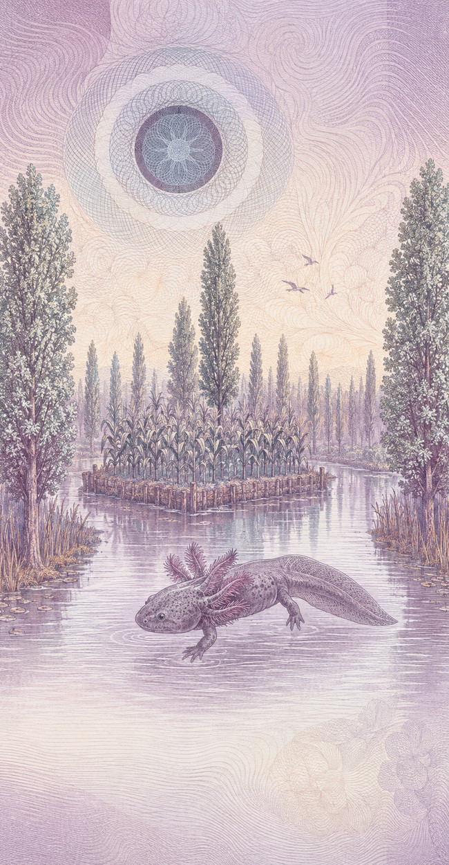 Illustration of a 50 MXN banknote (Mexican Peso), featuring Xochimilco axolotl.