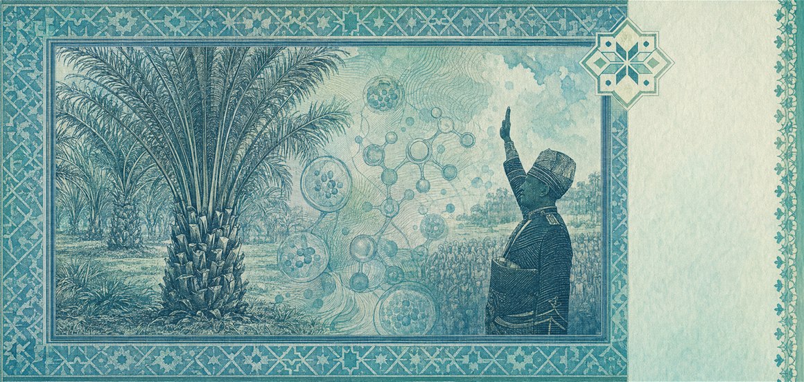 Illustration of a 50 MYR banknote (Malaysian Ringgit), featuring Independence, oil palm & biotechnology.