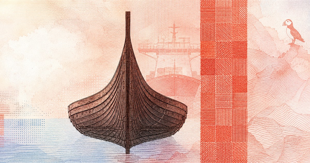 Illustration of a 100 NOK banknote (Norwegian Krone), featuring Gokstad ship.