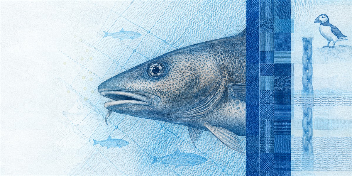 Illustration of a 200 NOK banknote (Norwegian Krone), featuring Atlantic cod.