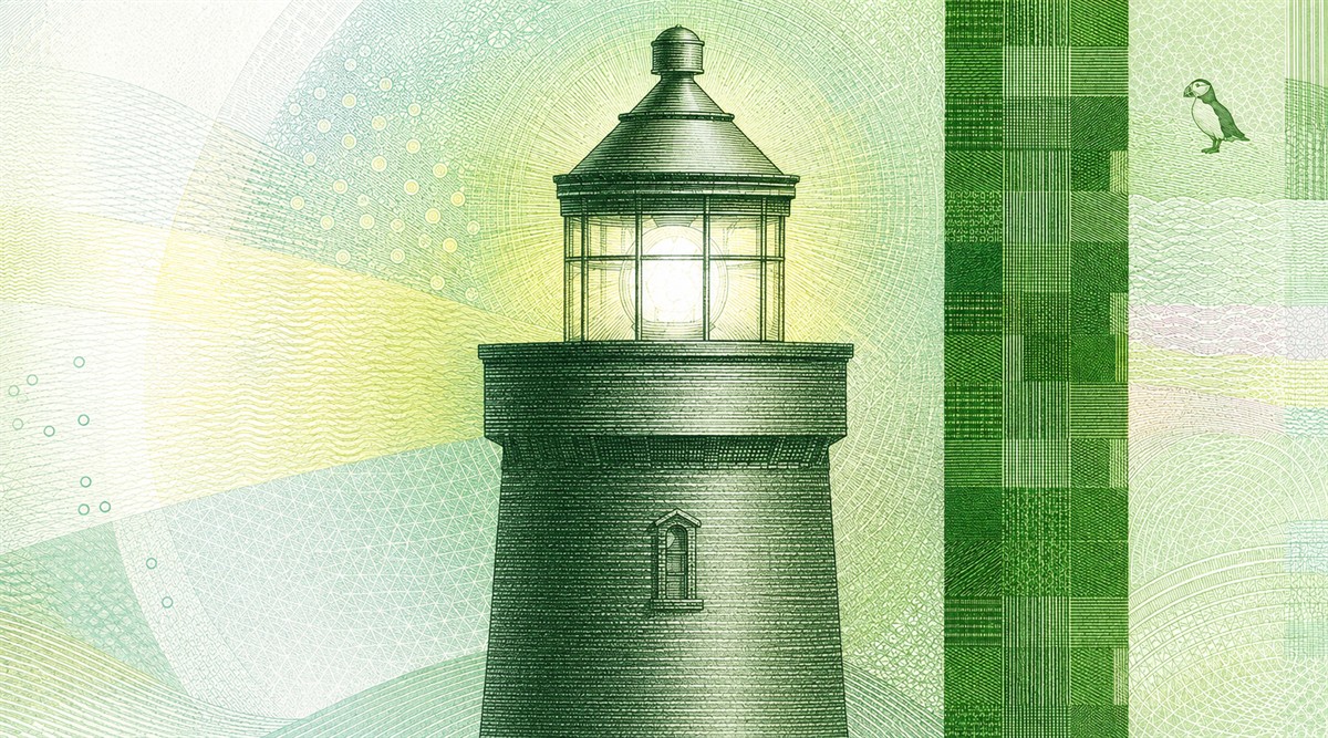 Illustration of a 50 NOK banknote (Norwegian Krone), featuring Utvær Lighthouse.