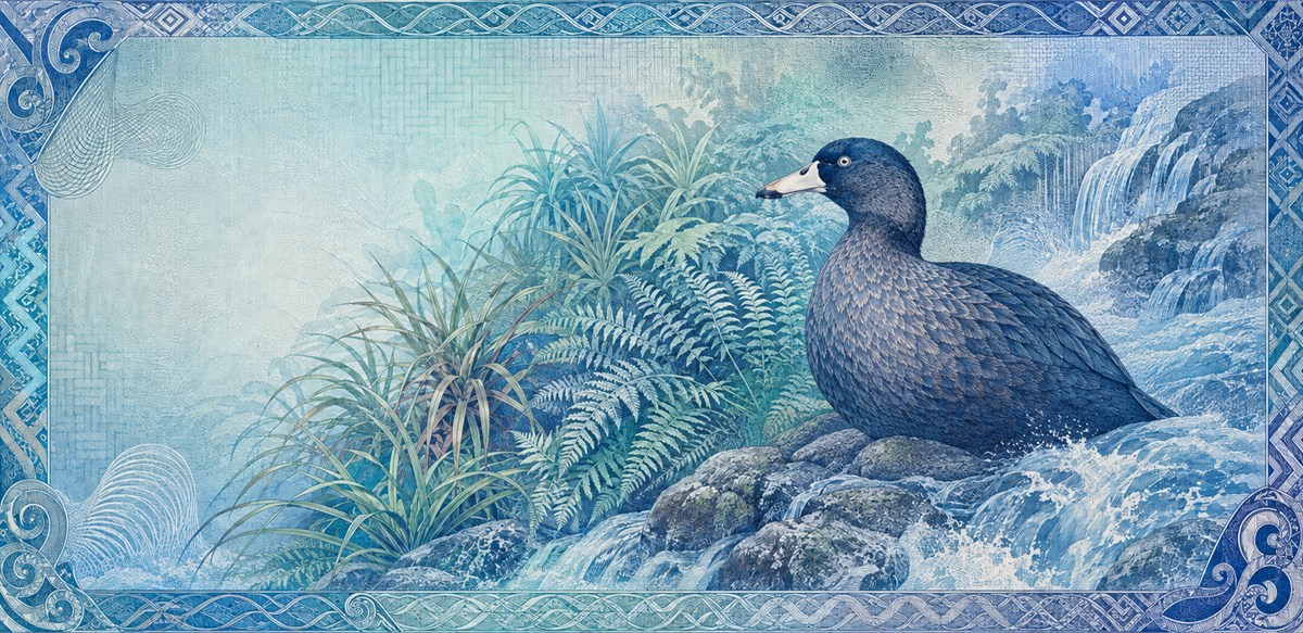 Illustration of a 10 NZD banknote (New Zealand Dollar), featuring Camellia & whio.