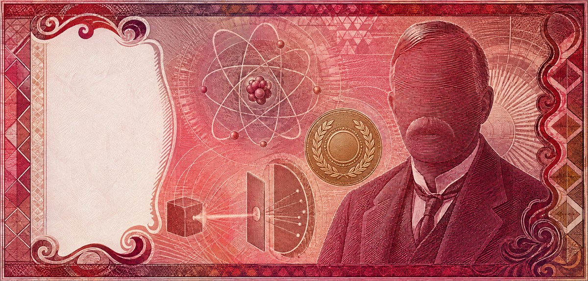 Illustration of a 100 NZD banknote (New Zealand Dollar), featuring Lord Rutherford of Nelson.