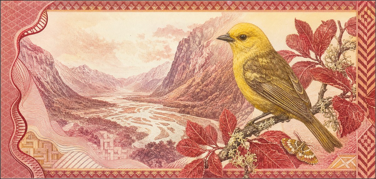 Illustration of a 100 NZD banknote (New Zealand Dollar), featuring Rutherford & mōhua.