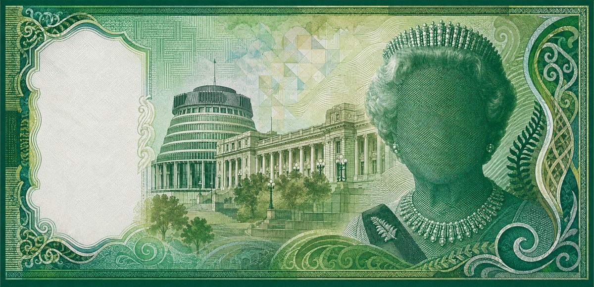 Illustration of a 20 NZD banknote (New Zealand Dollar), featuring Queen Elizabeth II.
