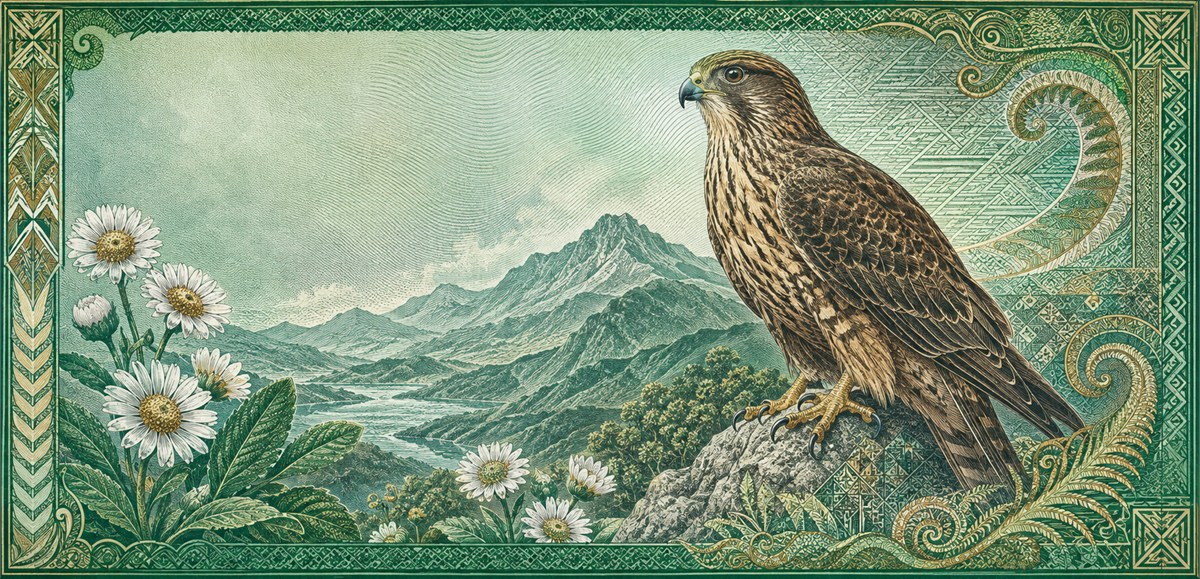 Illustration of a 20 NZD banknote (New Zealand Dollar), featuring Parliament & kārearea.