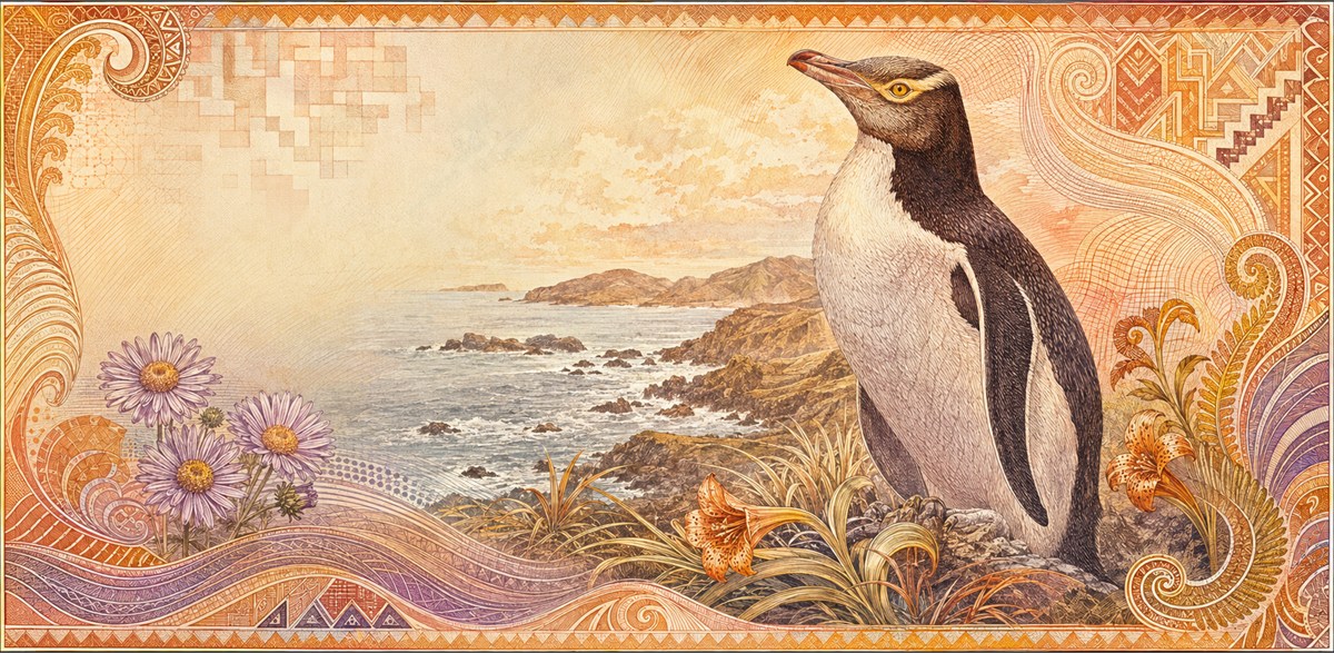 Illustration of a 5 NZD banknote (New Zealand Dollar), featuring Aoraki & hoiho.