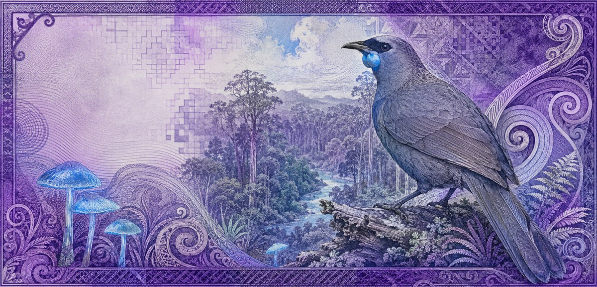 Illustration of a 50 NZD banknote (New Zealand Dollar), featuring Porourangi & kōkako.