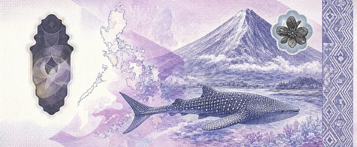 Illustration of a 100 PHP banknote (Philippine Peso), featuring Mayon & whale shark.