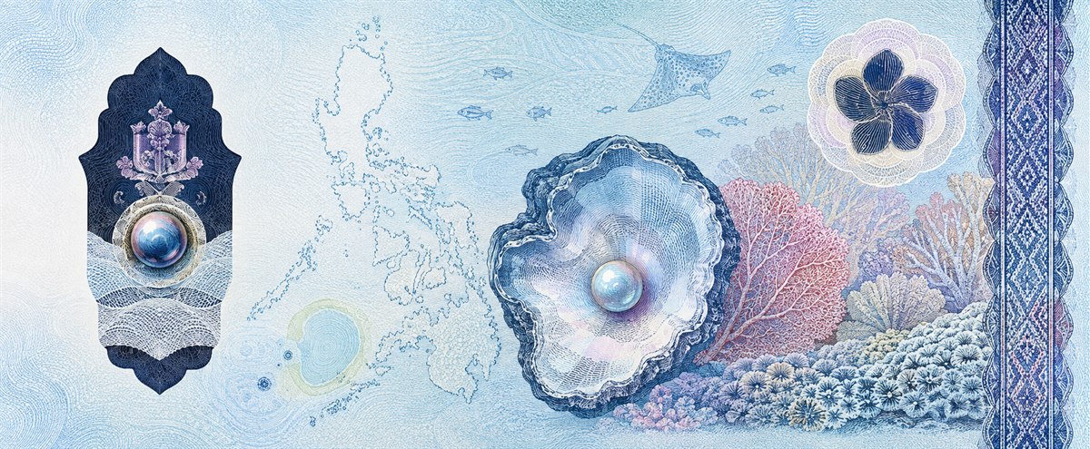 Illustration of a 1,000 PHP banknote (Philippine Peso), featuring Tubbataha Reef & pearl.
