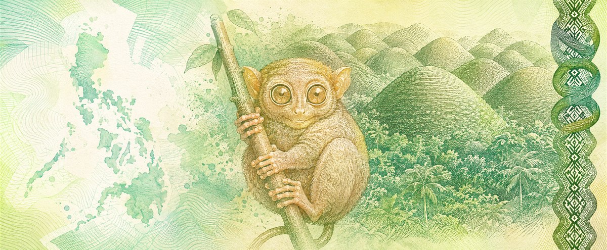 Illustration of a 200 PHP banknote (Philippine Peso), featuring Chocolate Hills & tarsier.