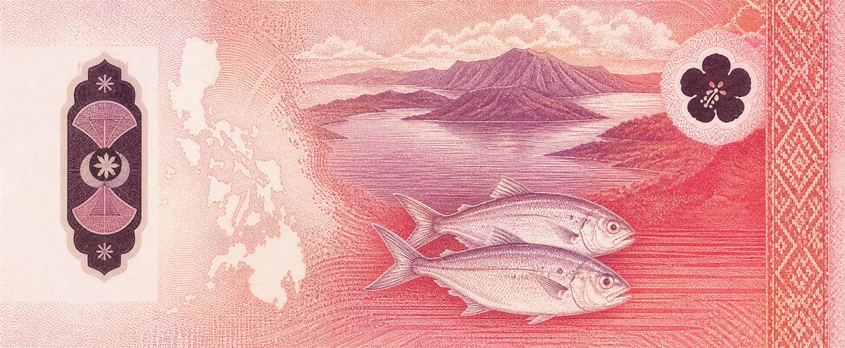 Illustration of a 50 PHP banknote (Philippine Peso), featuring Taal Lake & maliputo.