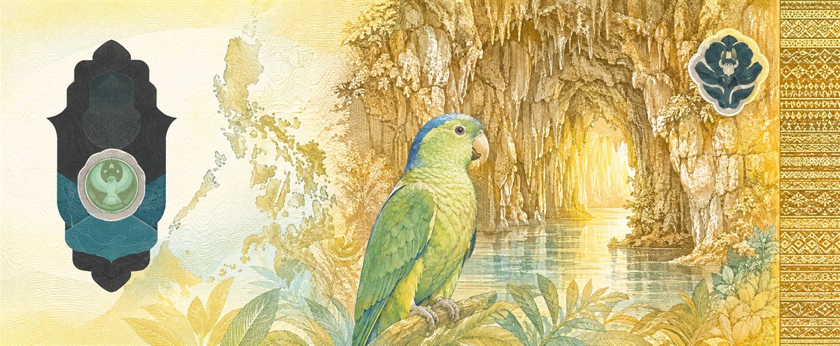 Illustration of a 500 PHP banknote (Philippine Peso), featuring Underground river & parrot.