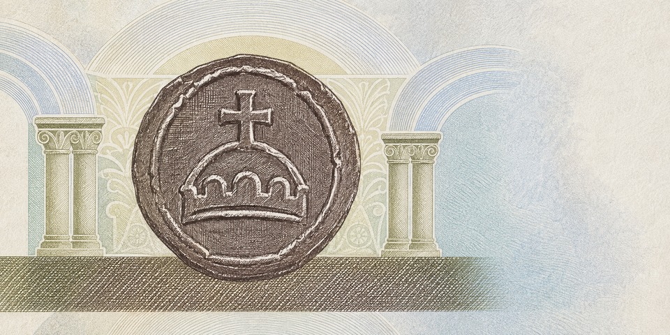 Illustration of a 10 PLN banknote (Polish Zloty), featuring Mieszko I, denar & Tyniec arches.