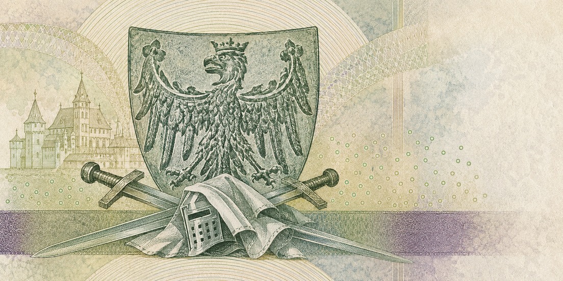 Illustration of a 100 PLN banknote (Polish Zloty), featuring Władysław II Jagiełło, Malbork & Grunwald swords.