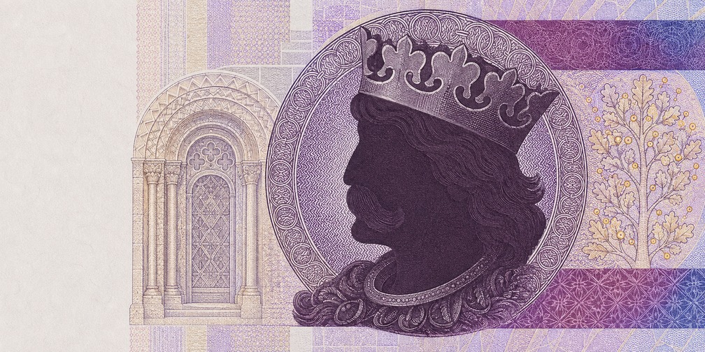 Illustration of a 20 PLN banknote (Polish Zloty), featuring Bolesław I Chrobry.