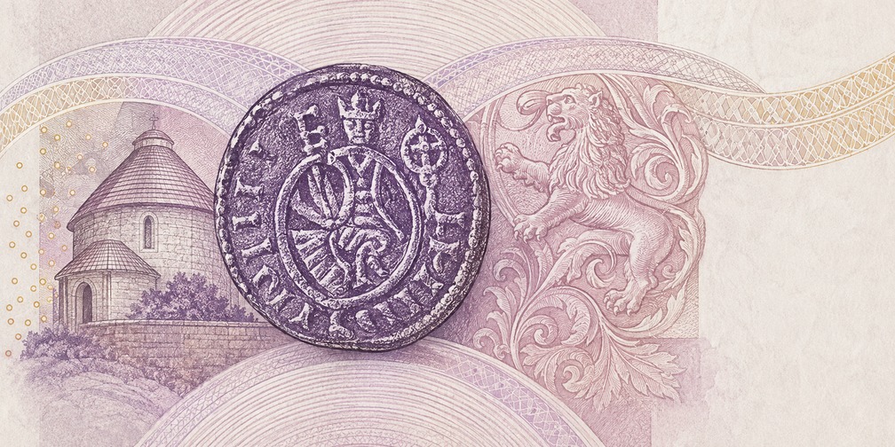 Illustration of a 20 PLN banknote (Polish Zloty), featuring Bolesław I, denar & Cieszyn rotunda.