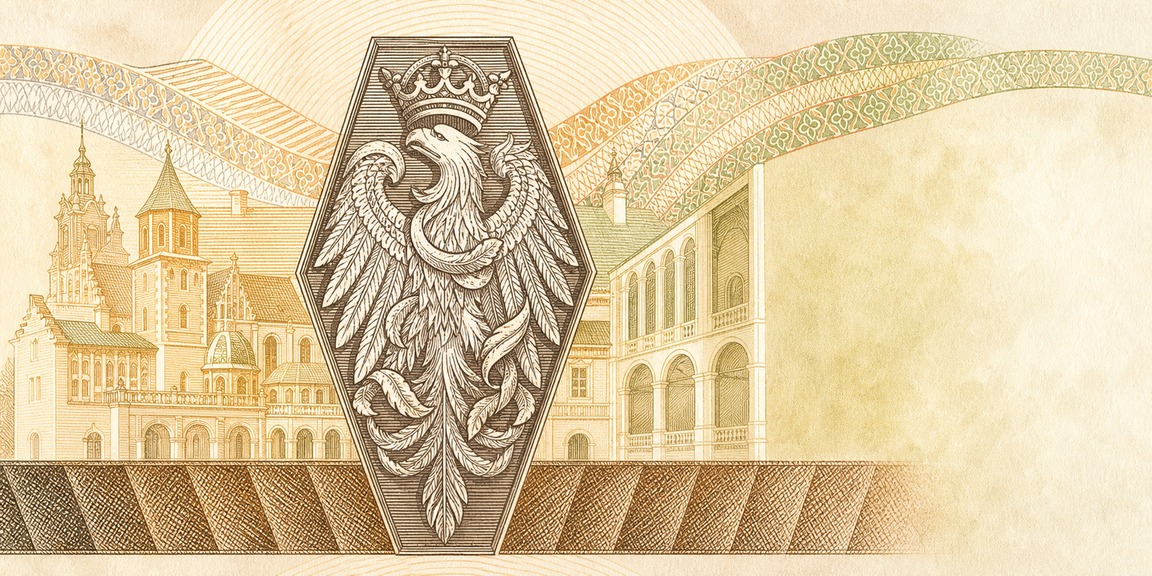 Illustration of a 200 PLN banknote (Polish Zloty), featuring Sigismund I, royal eagle & Wawel.