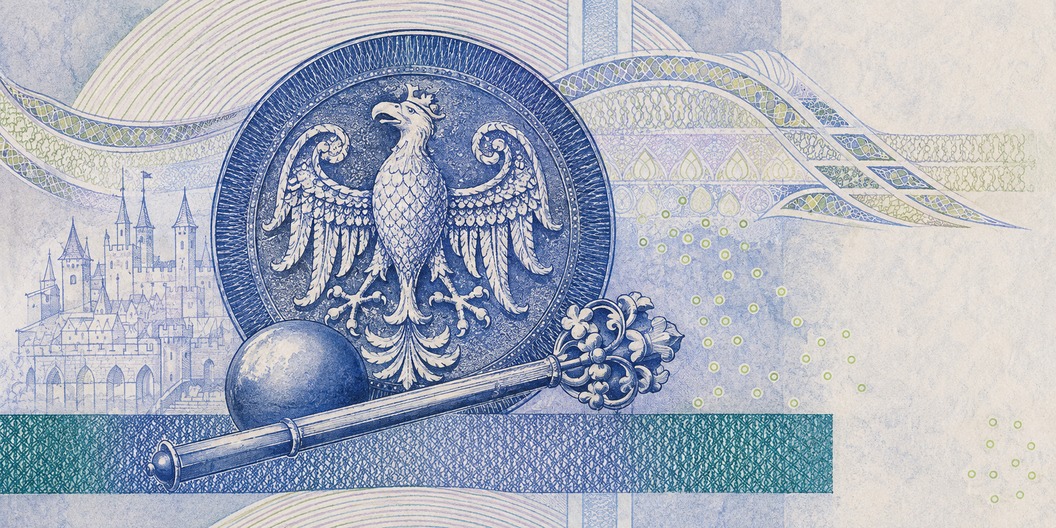 Illustration of a 50 PLN banknote (Polish Zloty), featuring Casimir III, royal eagle & Kraków.