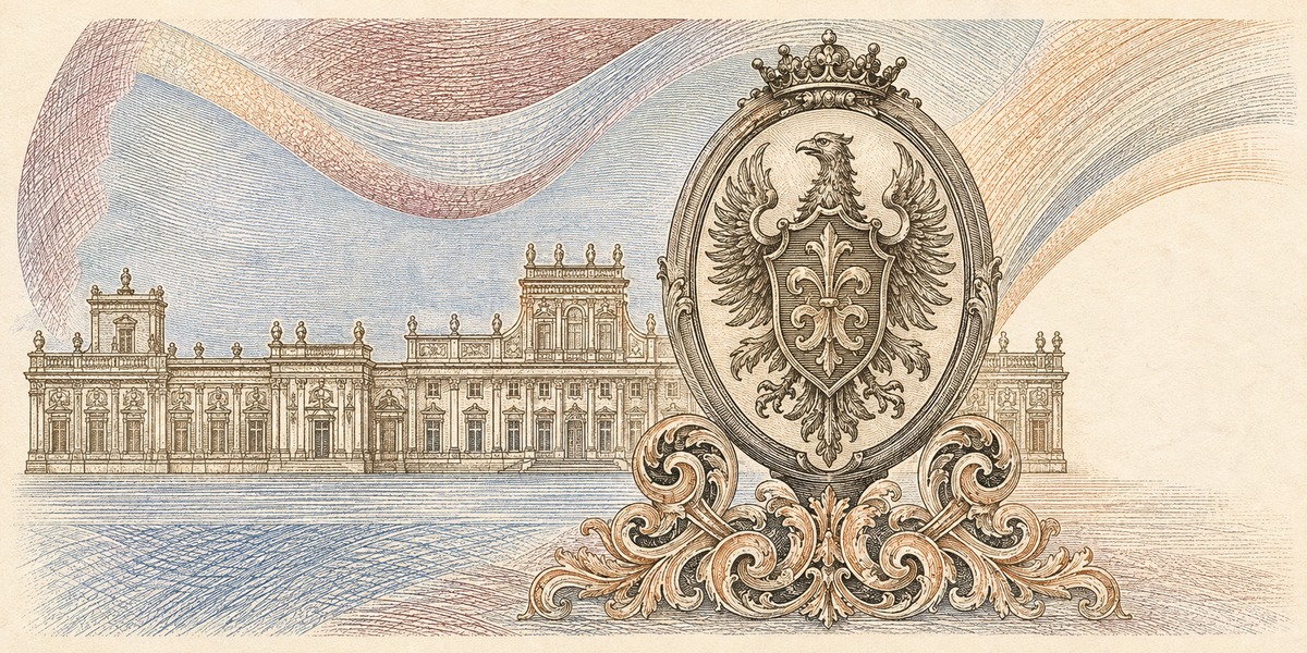Illustration of a 500 PLN banknote (Polish Zloty), featuring John III Sobieski, eagle & Wilanów.