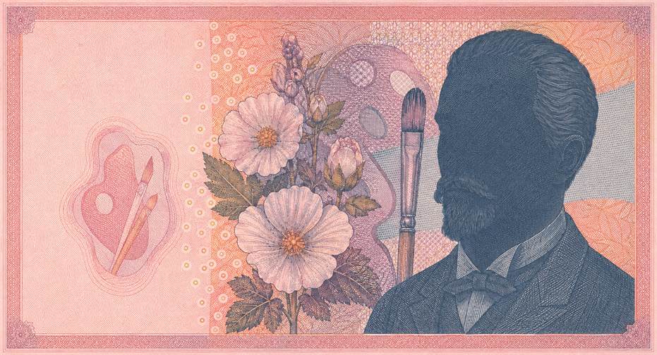 Illustration of a 10 RON banknote (Romanian Leu), featuring Nicolae Grigorescu.