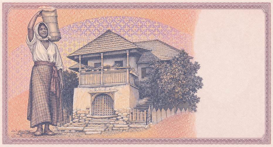 Illustration of a 10 RON banknote (Romanian Leu), featuring Rodica and the Oltenian house.