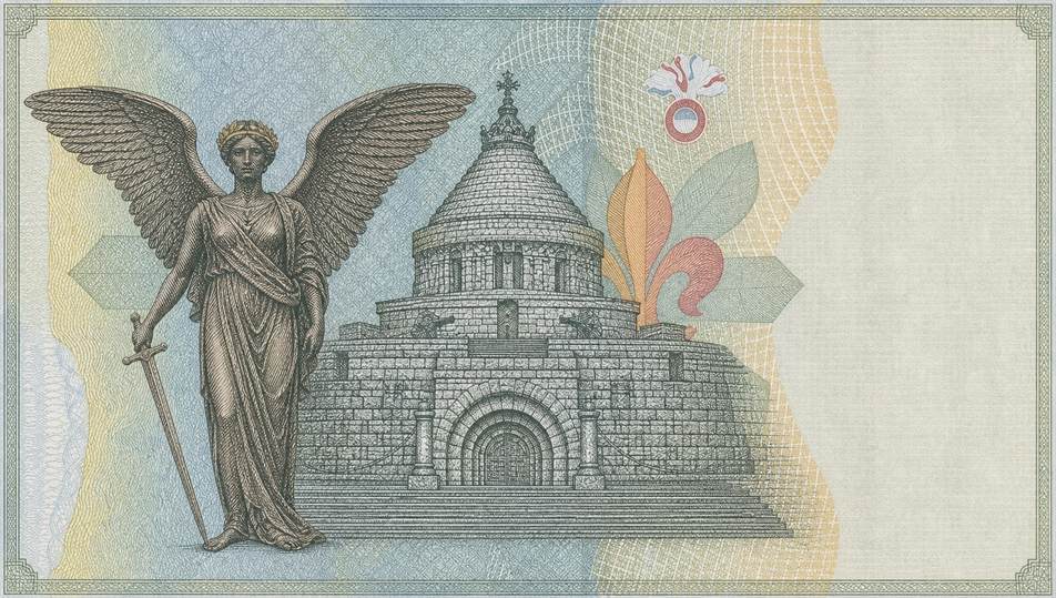 Illustration of a 20 RON banknote (Romanian Leu), featuring Winged Victory and Marasesti Mausoleum.