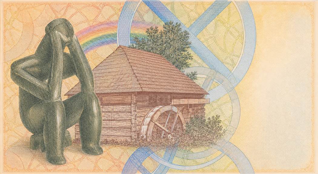 Illustration of a 200 RON banknote (Romanian Leu), featuring Hamangia Thinker and watermill.