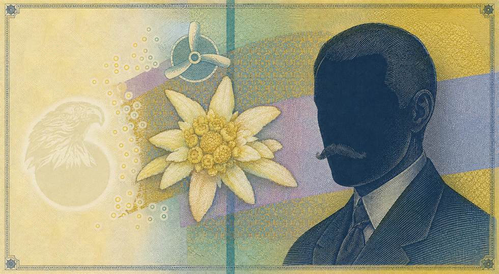 Illustration of a 50 RON banknote (Romanian Leu), featuring Aurel Vlaicu.
